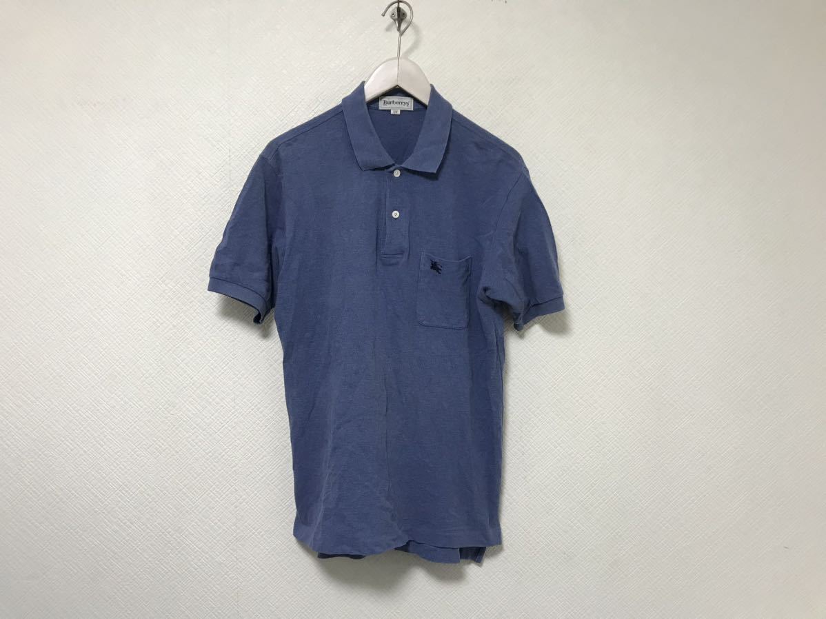 本物バーバリーズBURBERRYSコットンロゴ刺繍半袖ポロシャツメンズアメカジサーフミリタリービジネススーツゴルフL青ブルー日本製拍卖
