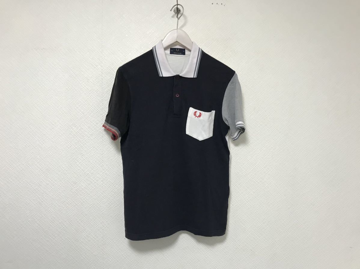 本物フレッドペリーFRED PERRYコットン半袖ポロシャツメンズアメカジサーフミリタリービジネススーツゴルフグレーS36イングランド製黒拍卖