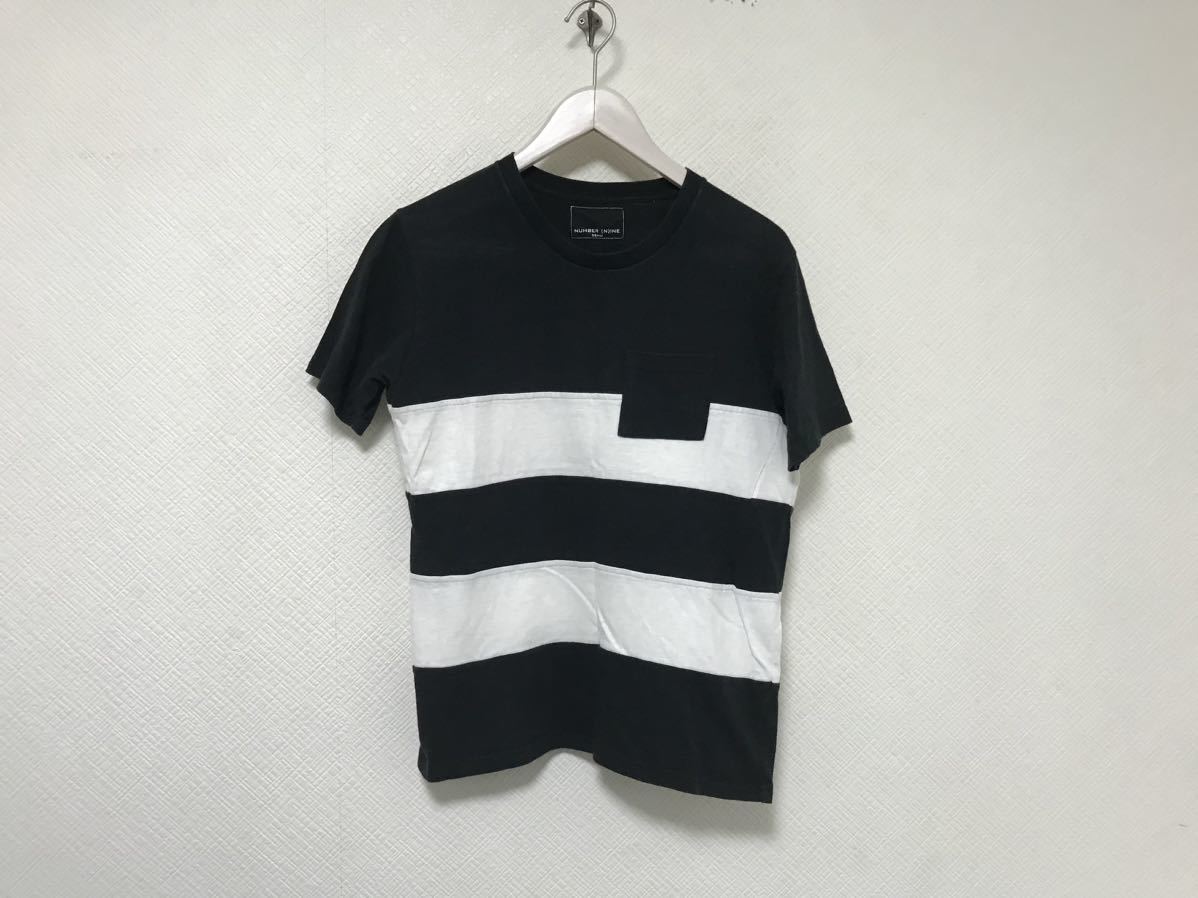 本物ナンバーナインNUMBERNINEコットンボーダー柄半袖TシャツメンズサーフアメカジミリタリービジネススーツストリートM白黒ブラック拍卖