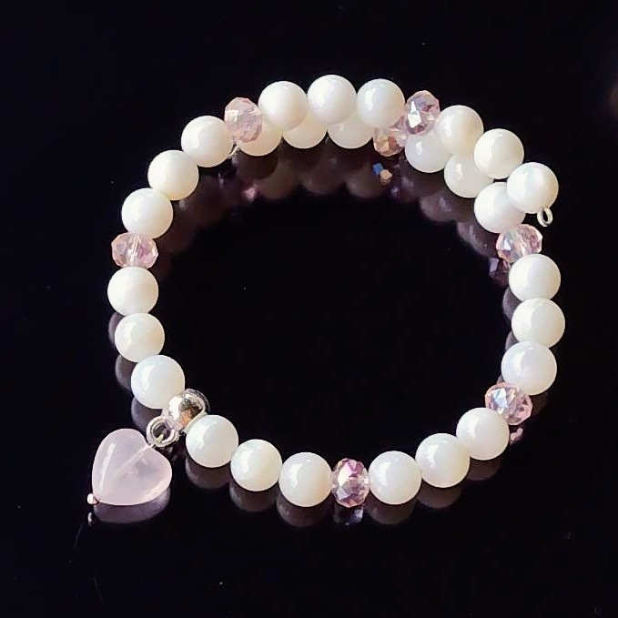 天然石メモリーワイヤーブレスレット(MOP、ローズQ)拍卖