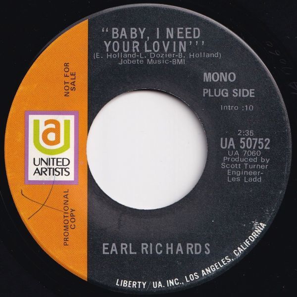 Earl Richards Baby I Need Your Lovin’ United Artists US SUA 50752 203023 ROCK POP ロック ポップ レコード 7インチ 45拍卖