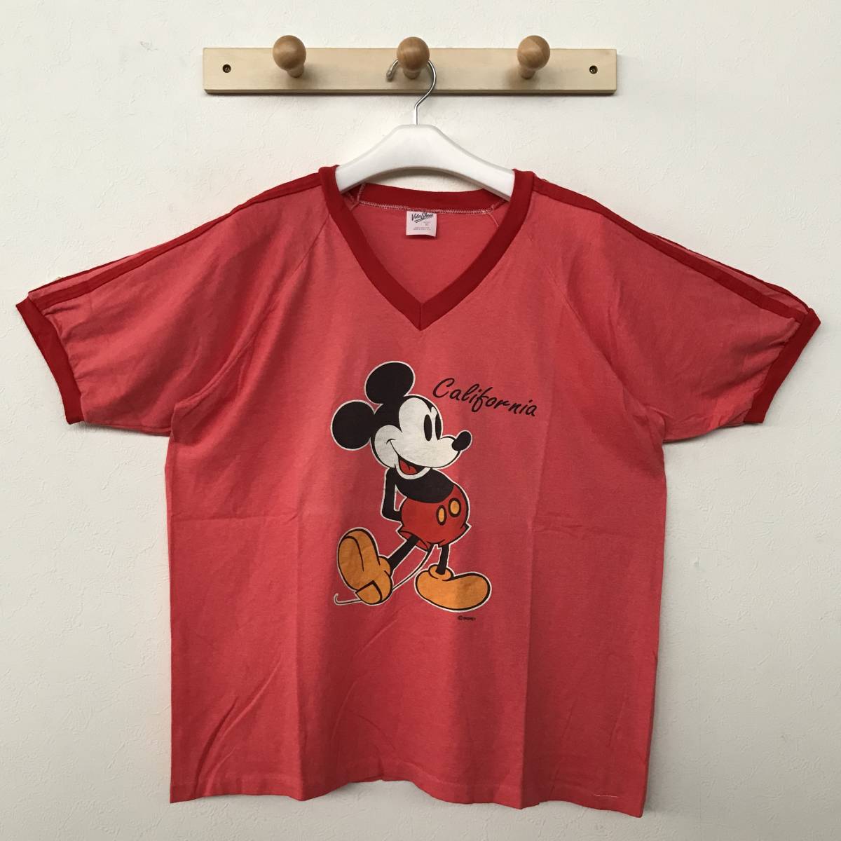 Velva Sheen ベルバシーン 90's USA製 未着用 Vネック ミッキーマウス 半袖リンガーTシャツ レッド系 size XL拍卖