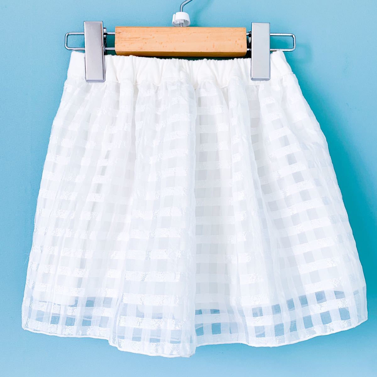 新品 リオ BA DAYS ブルーアズール フォーマル スカート 100cm リバーシブル ホワイト 白 チェック オーガンジー オケージョン 発表会拍卖