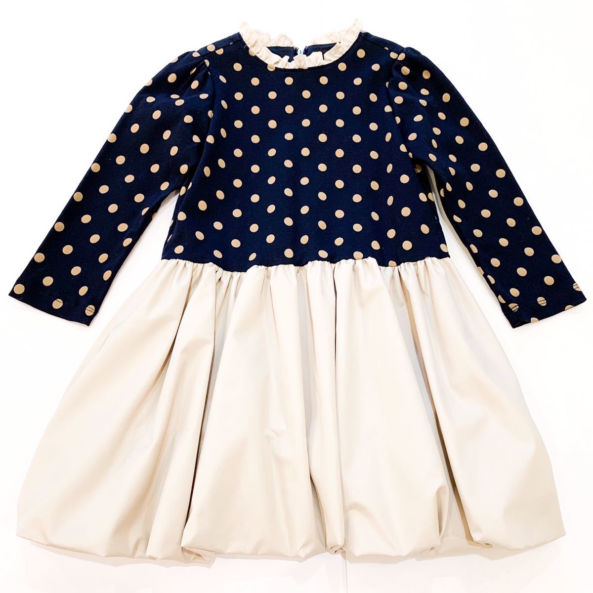 新品 フォーマル toitoitoi トイトイトイ 110cm ワンピース ネイビー ベージュ ドット 水玉 長袖 発表会 ドレス オケージョン 七五三拍卖