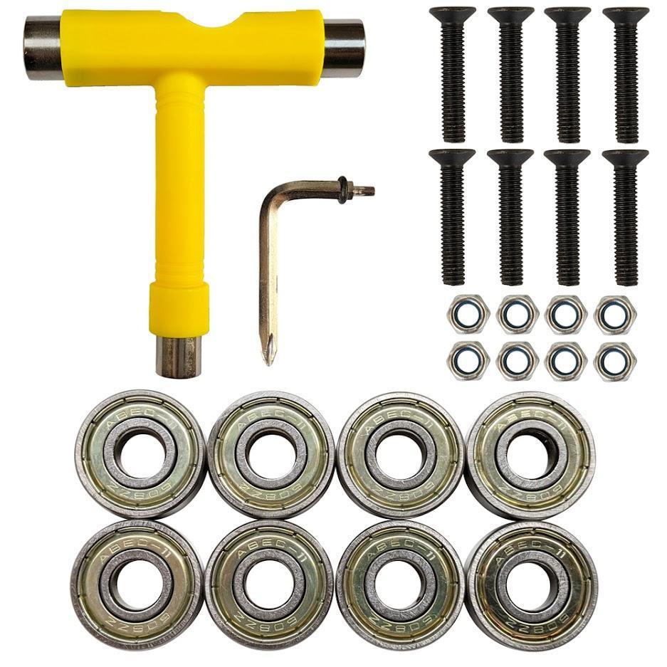 送料無料 スケートボード 工具 ベアリング ネジ ナット ABEC11 Tツール Tレンチ ビスセット 6角ヘッド 組立 修理 スケボー セット イエロー拍卖