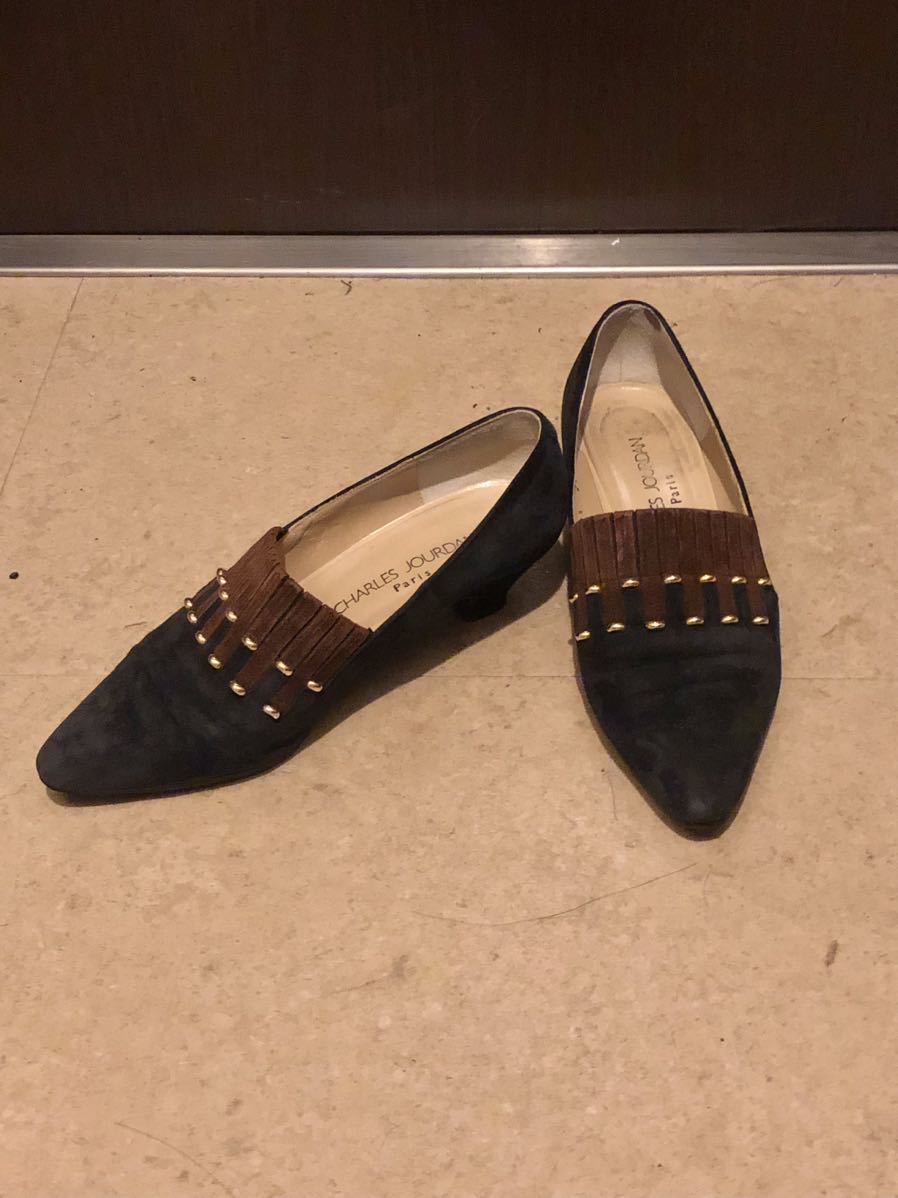 CHARLES JOURDAN paris シャルルジョルダン★パンプス 靴★4 1/2、ヒール約3cm ネイビー×ブラウン系 柔らかい生地拍卖