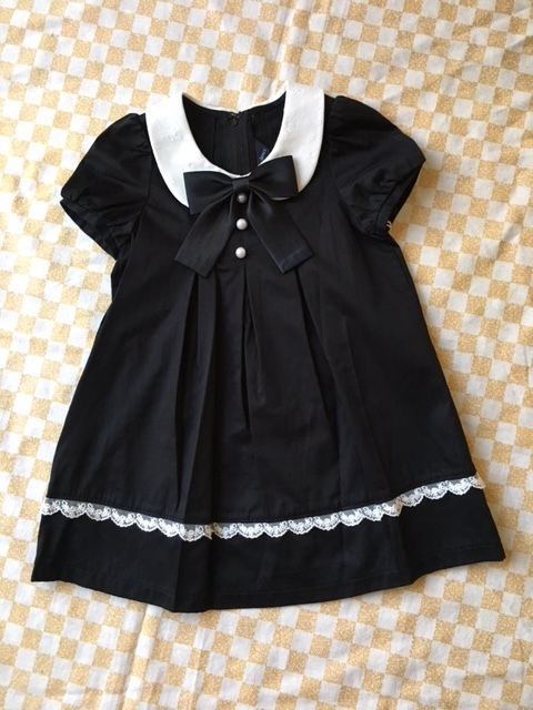 07-A598★送料無料・新品タグ付!フォーマル♪リボン付レース襟・半袖ワンピース・黒100・冠婚葬祭・シック拍卖