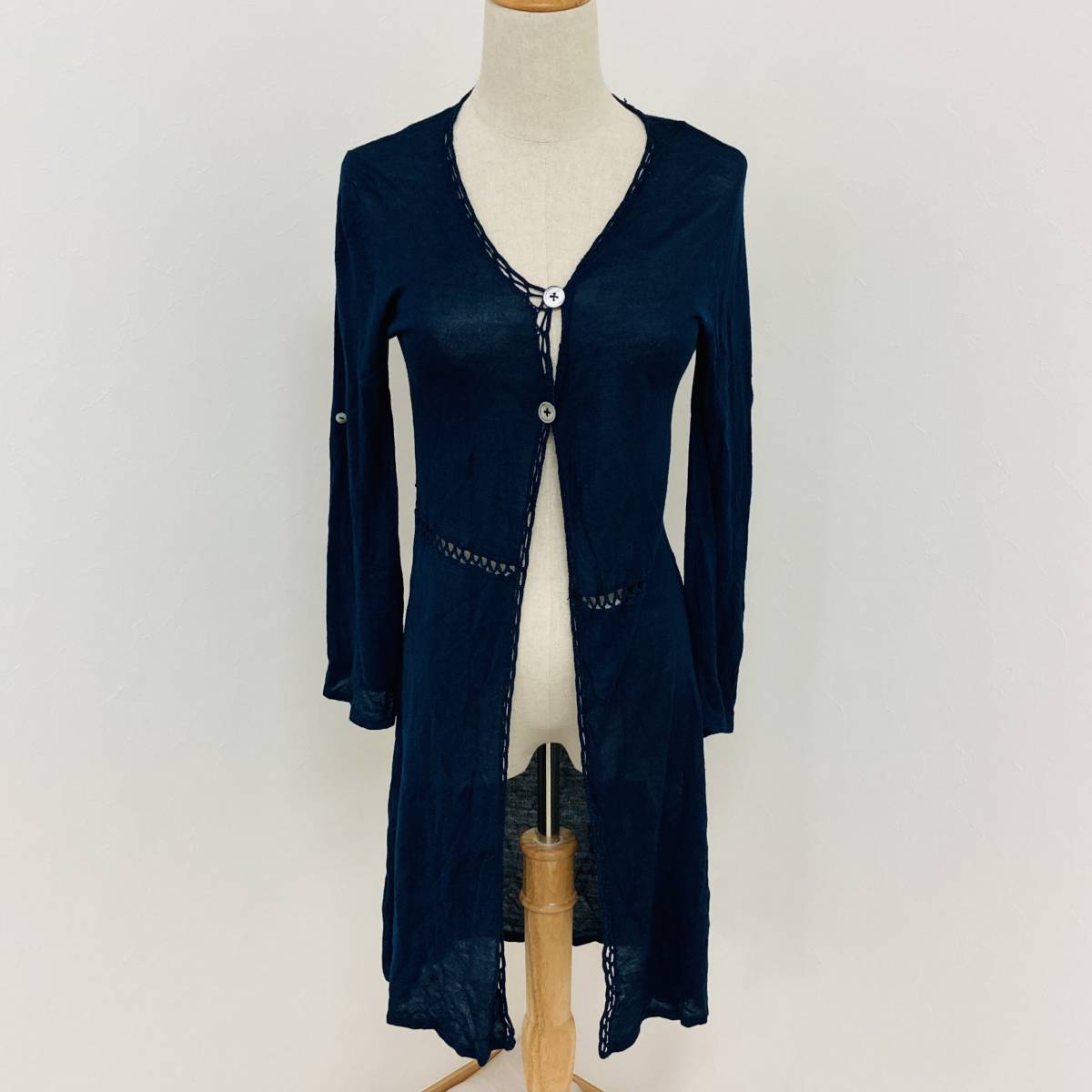 a01979 美品 Bou Jeloud ブージュルード カーディガン 長袖 薄手 透け感 ナチュラル F 青紺 レーヨン100% 上品 エレガントガーリーチック拍卖