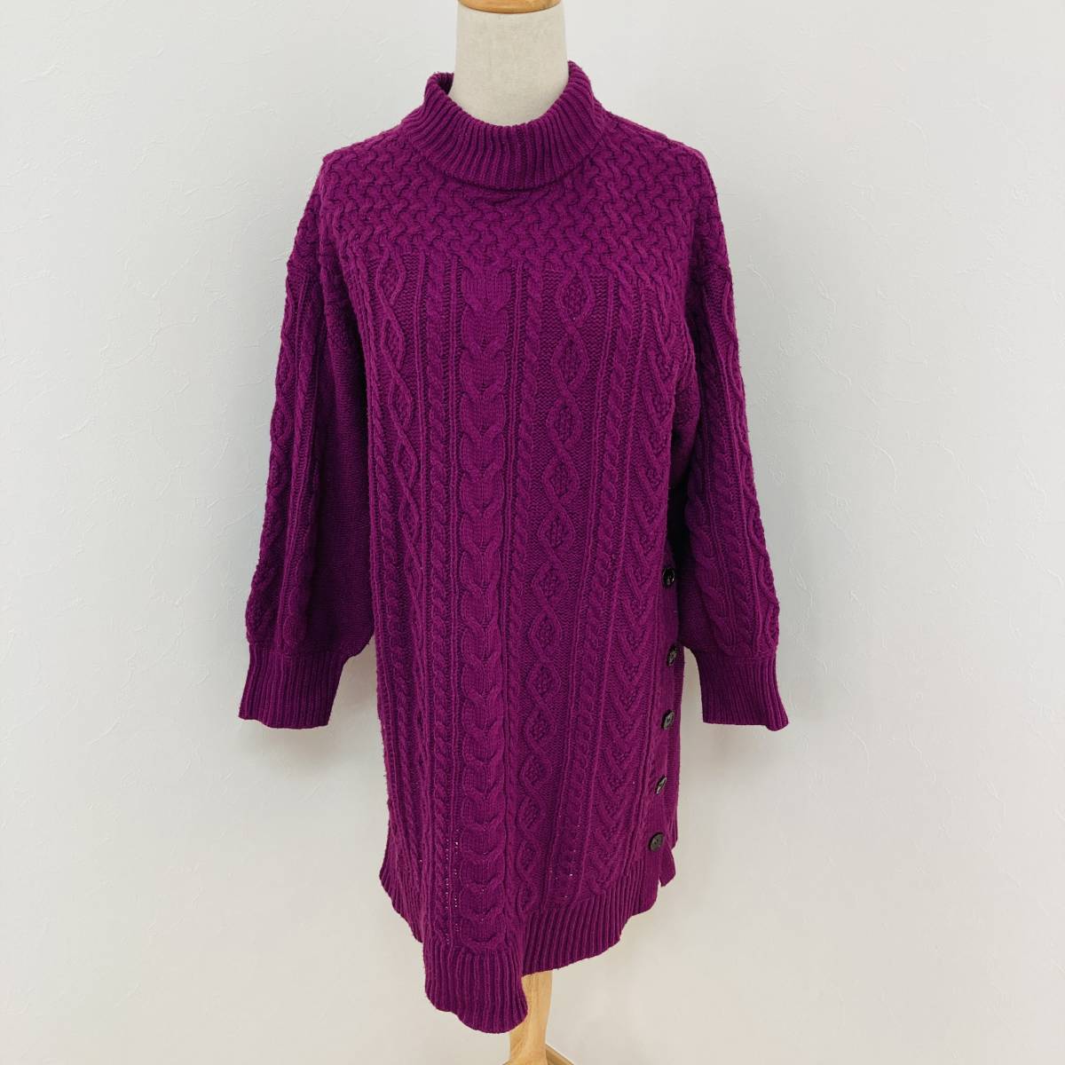 a02258 美品 DRESKIP ドレスキップ 長袖ニット ロング丈 ハイネック M 紫 ケーブル編み ゆったり 上品万能 ロマンティックウィンターコーデ拍卖