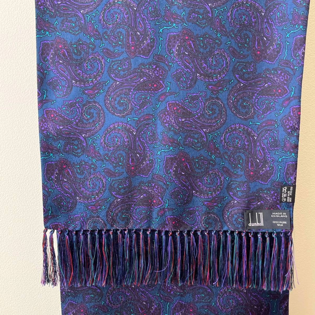 希少《 Dead Stock / England 》80s 90s デッド【 DUNHILL 英国製 ペイズリー シルク 100% ストール ビンテージ イングランド製 】 拍卖