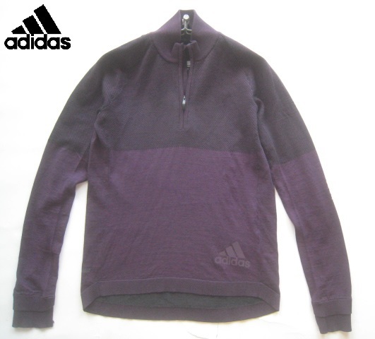 美品!!アディダス adidas*リフレクターロゴプリント 立ち襟ハーフジップウールニットセーター XS 紫 ゴルフ GOLF ランニング拍卖