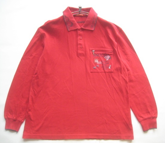 美品日本製!!グリーンクラブ GREENCLUBS*スヌーピー刺繍 ジップポケット付き 長袖ポロシャツ 3 実寸M 赤 RAIKA ライカ拍卖