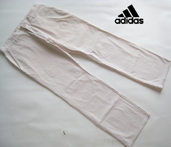 美品!!アディダス adidas*ロゴ刺繍 ストライプ柄ストレッチコットンパンツ W79 実寸M ベージュ×白 GOLF ゴルフ拍卖