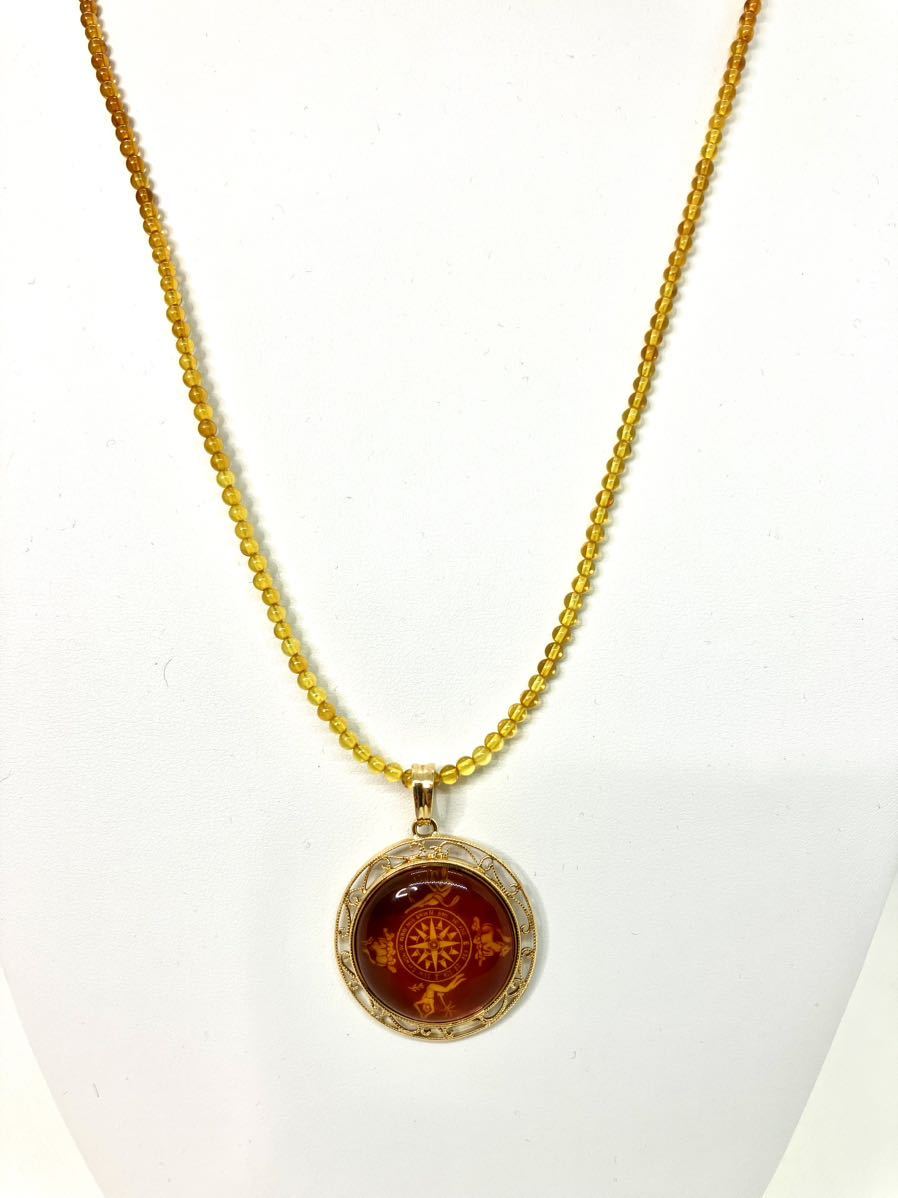 【新品】リトアニア産K18インタリオ琥珀ロングネックレス*こはくコハク*アンバー*グラデーション*一点もの*天然石拍卖