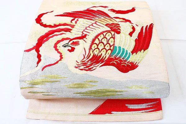 【着物フィ】アンティーク/名古屋帯/長さ3m18cm/薄ピンク色/鳳凰/大正ロマン/レトロ/お洒落/正絹/仕立て上がり/14050拍卖