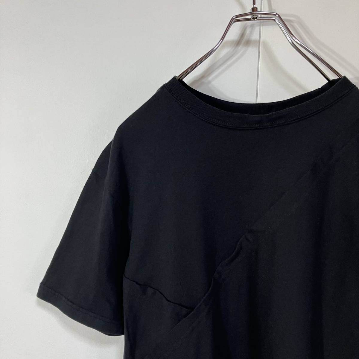 古着 ワントーン 紐付き 変形 アシンメトリー デザイン 半袖 クルーネック 天竺 Tシャツ ブラック S拍卖