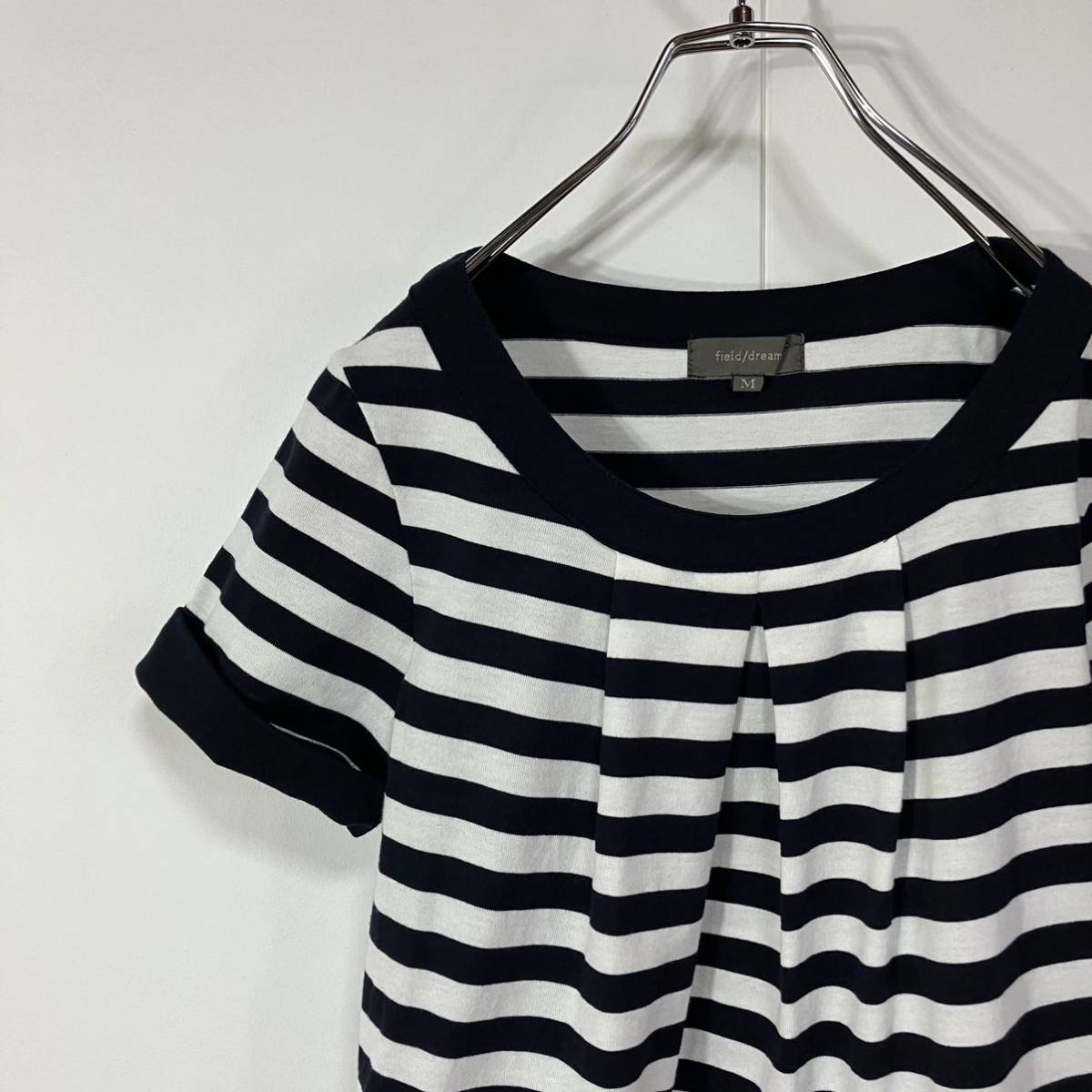field/dream ボーダー デザイン タック ロールアップ 切替 天竺 インレー 半袖 クルーネック ひざ丈 ワンピース 古着 ホワイト ネイビー M拍卖