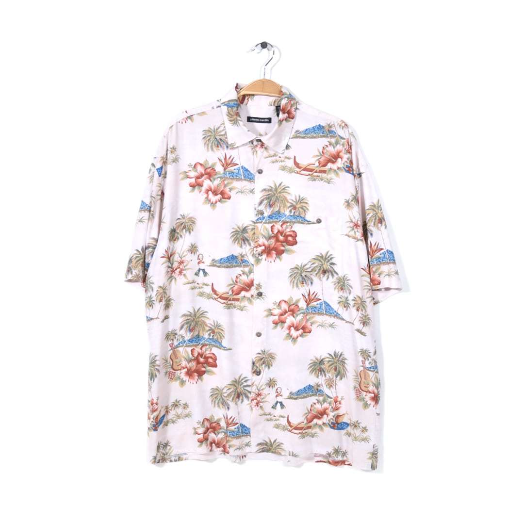 【送料無料】ピエールカルダン レーヨン アロハシャツ ホワイトベース フラガール ハワイアンシャツ pierre cardin メンズL 古着 @CD0045拍卖