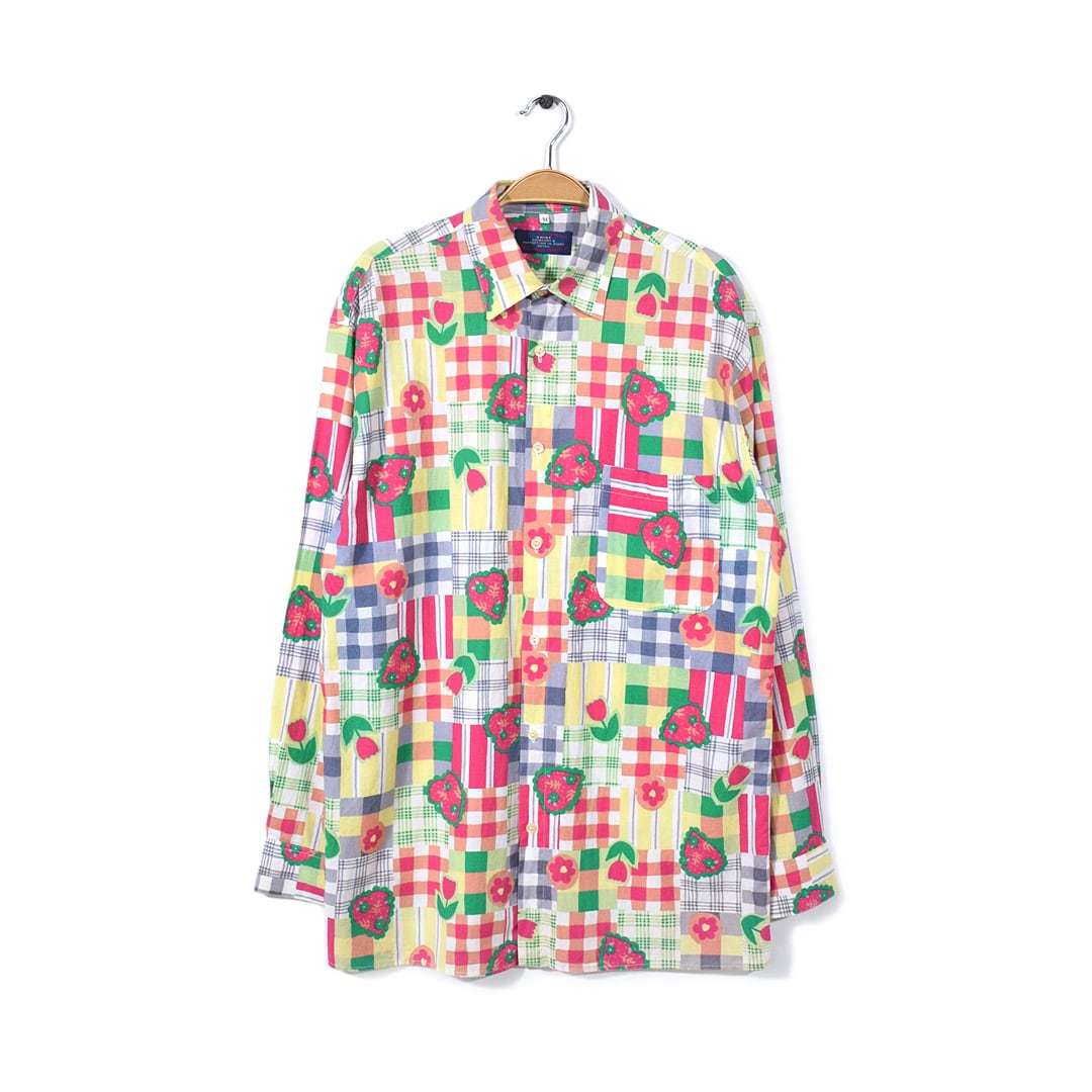 【送料無料】VIA COSMOS コットン 総柄シャツ パッチワーク風 花 チューリップ ハート マミーシャツ サイズM 古着 @CA1064拍卖