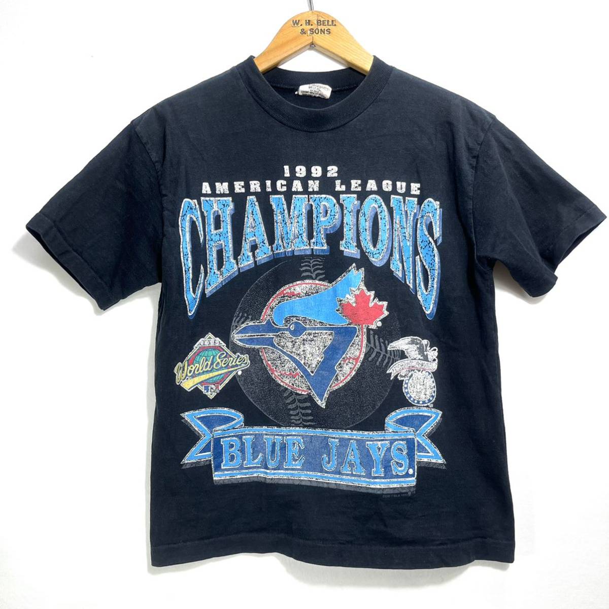 ■ 子供用 90s ビンテージ CANADA製 WAVES MLB 1992 CHAMPIONS BLUE JAYS ブルージェイズ イラスト シングルステッチ Tシャツ 黒 野球 ■拍卖