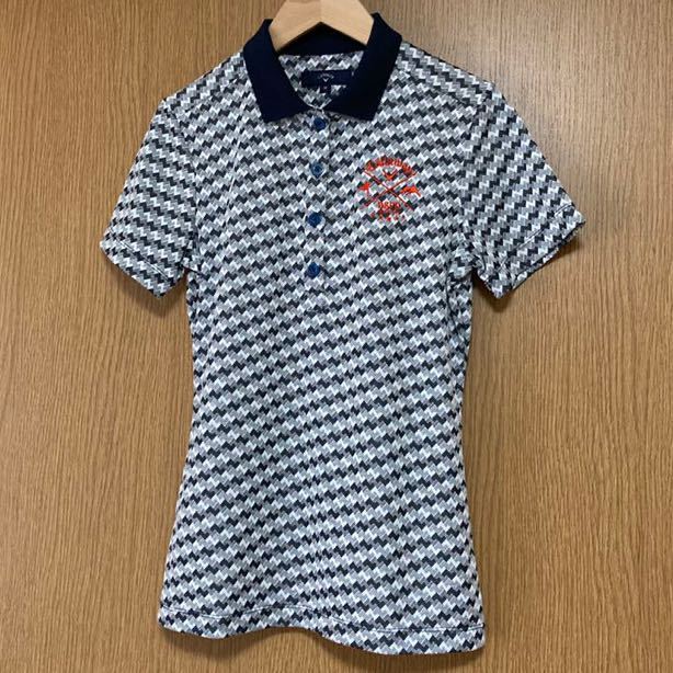 ☆極美品☆ キャロウェイ ゴルフ レディース 半袖 ポロシャツ ウエア M 春夏 幾何学 ネイビー グレー 総柄 オレンジ 刺繍拍卖