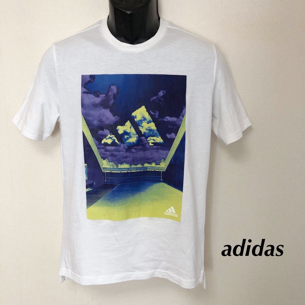 adidas /アディダス /メンズM 半袖Tシャツ トップス プリントTシャツ 白T 風景画 ロゴプリント カジュアル スポーツ 古着拍卖