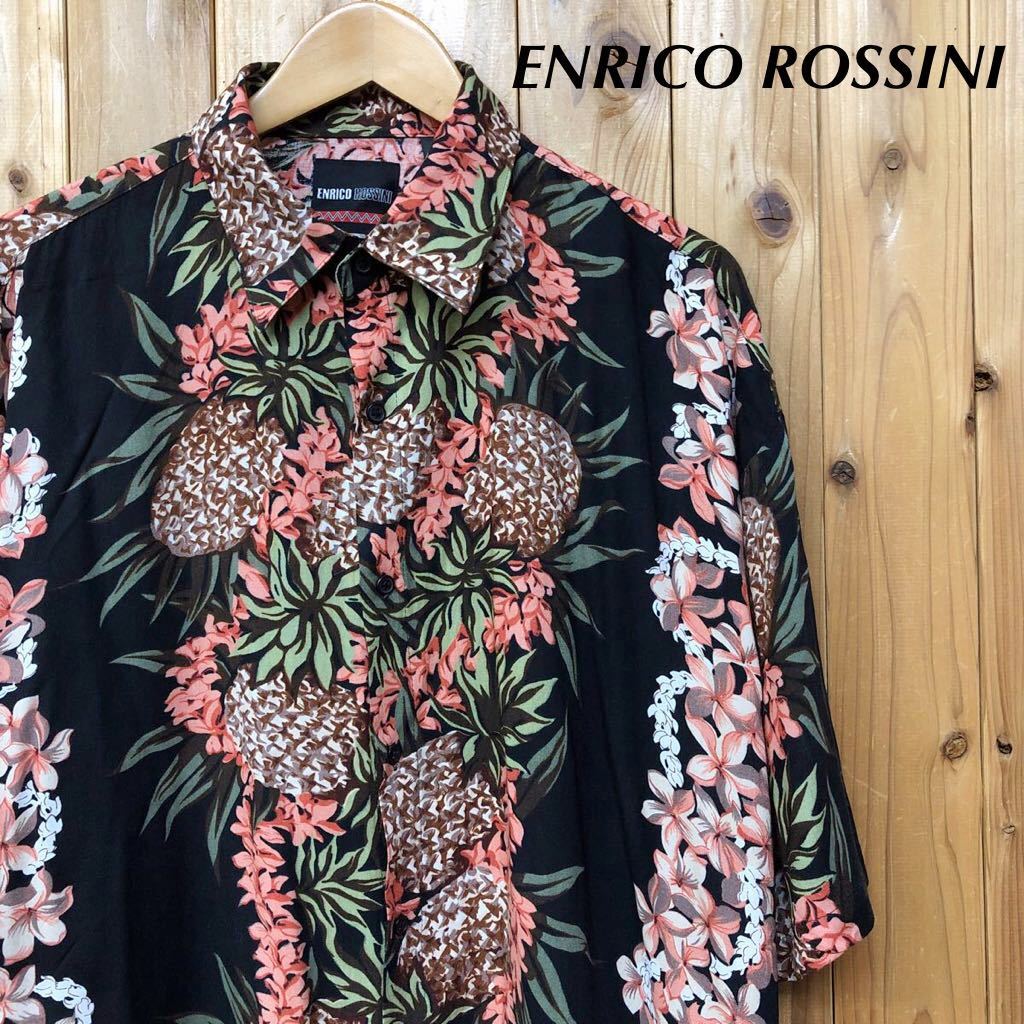 ENRICO ROSSINI*メンズIX アロハシャツ レーヨンシャツ 縦柄 パイナップル プルメリア ボタニカル柄 半袖シャツ ハワイアン 涼感 USA古着拍卖