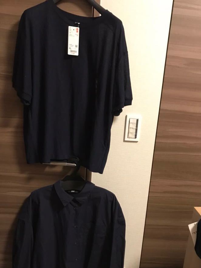 新品未使用 ユニクロ XLサイズ 2点セット 長袖ブラウス 半袖ニットトップス レディース 紺色 着まわし着痩せ 大きい 即決あり拍卖