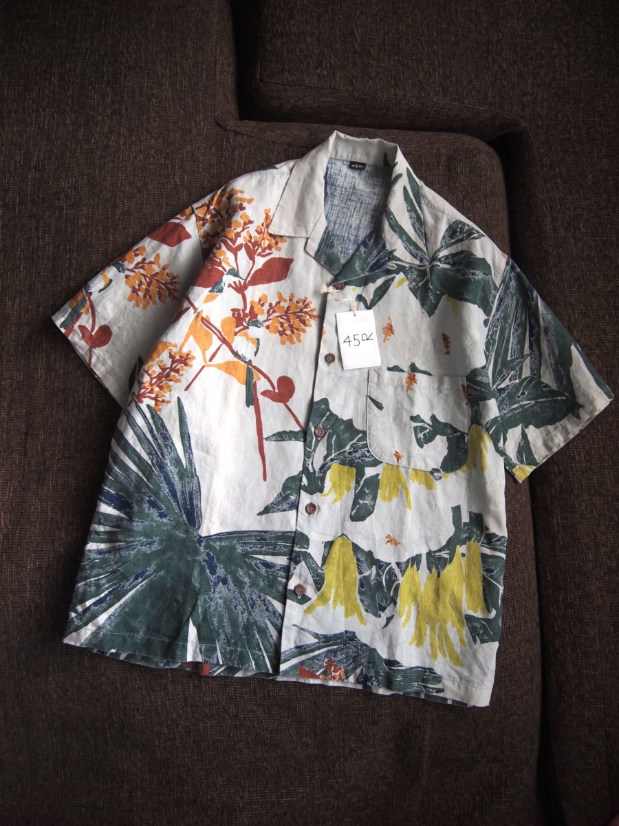 ALOHA.C.No.53★20年購入×抜染した藍染めの鮮やかな佇まい◎涼やかリネンのアロハ シャツ★45rpm 45R メンズ Tシャツ インディゴ染め拍卖