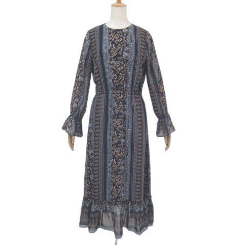 ☆美品☆So closeソークロース☆オリエンタル☆長袖ワンピース☆紺 ネイビー系柄 L ロング丈☆dinosディノス☆DAMAダーマ☆拍卖