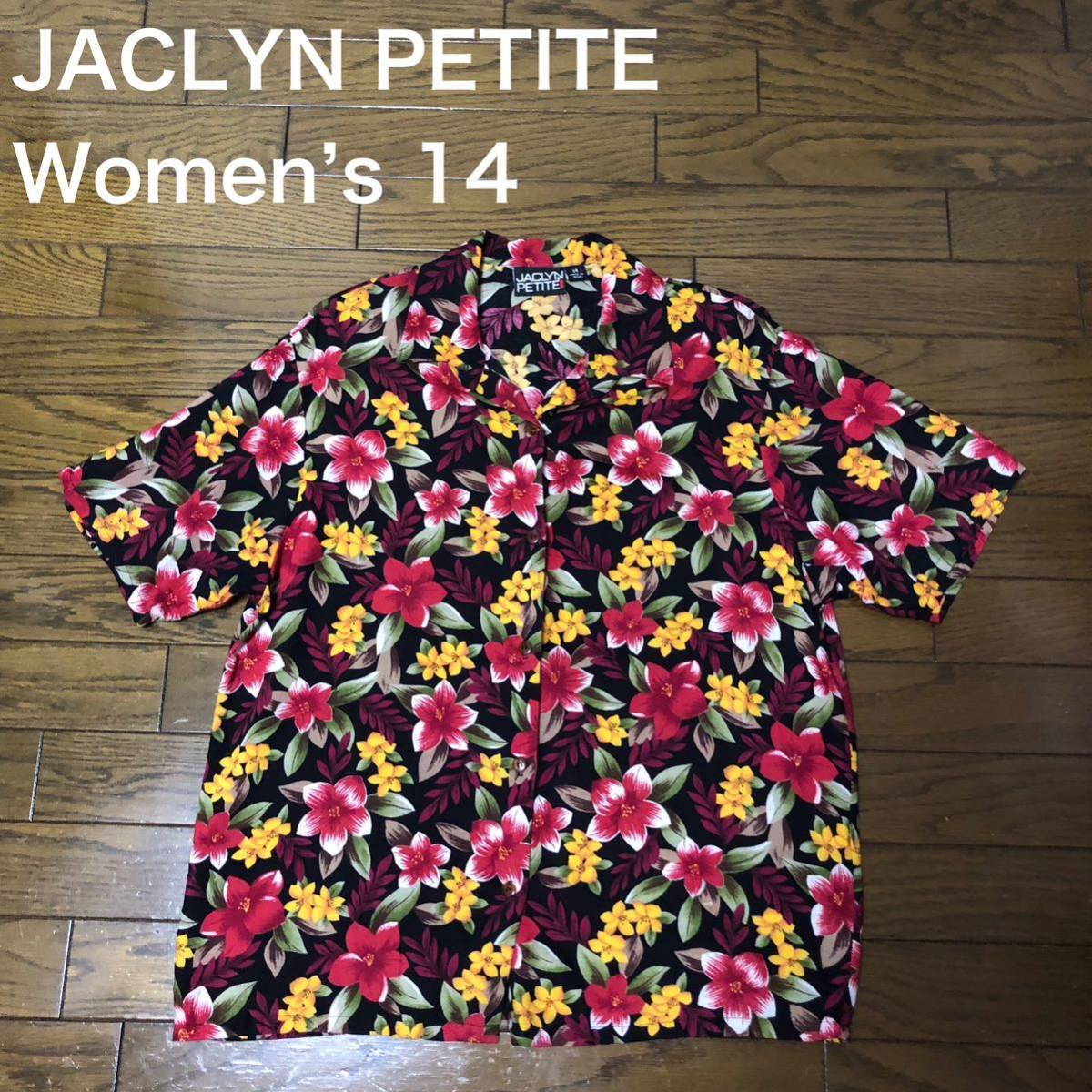 【送料無料】USA製JACLYN PETITE半袖アロハシャツ黒花柄総柄 レディース14サイズ ハワイアン半袖シャツ拍卖