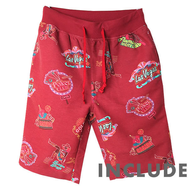 ハーフパンツ ショートパンツ ネオン柄 アロハ柄 ラスベガス 短パン カジュアル ストリート系 赤 L 送料込 クリックポスト拍卖