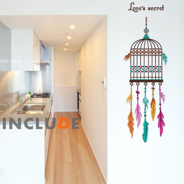 ウォールステッカー バードケージ アイアン ネイティブ 鳥の羽 羽根 カラフルドリーベージュ拍卖