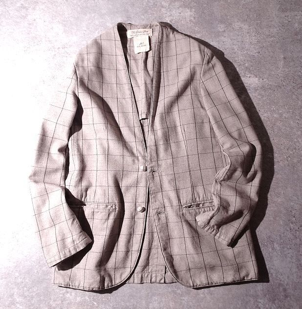 REMI RELIEF レミレリーフ ウール×コットン チェック ノーカラー テーラードジャケット 日本製 本切羽 2ボタン メンズ (M) o-544拍卖