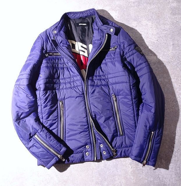 DIESEL ディーゼル ナイロン ジップ ジャケット シングル ライダース 裏プリント ワッペン スタンドカラー 中綿 バイカーズ 紺 (M) o-548拍卖