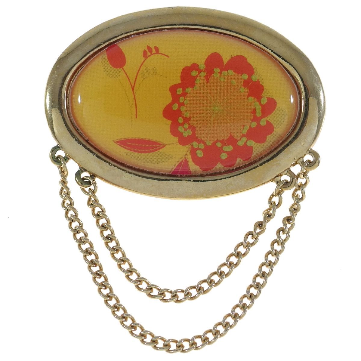 A9163◆【AVON】◆ オレンジの花柄 フラワーモチーフ 楕円 オーバルシェイプ チェーンの飾り エイボン ◆ ヴィンテージブローチ ◆拍卖
