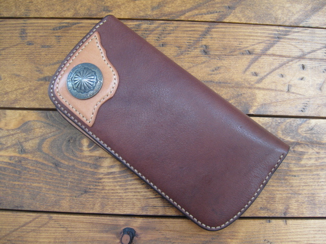 ★サドルレザー ヌメ革 ショルダーレザー ロングウォレット コインコンチョ ダークブラウン★ 手縫い ハンドメイド拍卖
