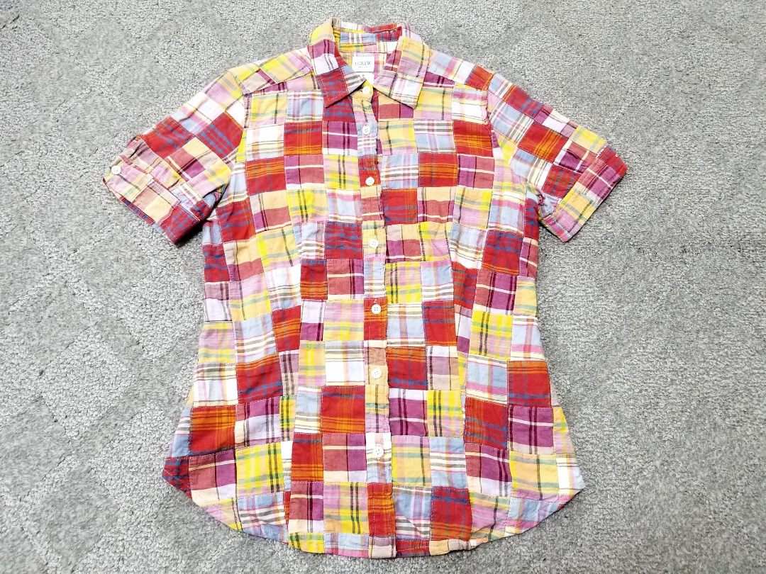 即決 良好 J.CREW J.クルー チェック柄 パッチワーク半袖シャツ 2 XSサイズ から Sサイズ // Jクルー拍卖