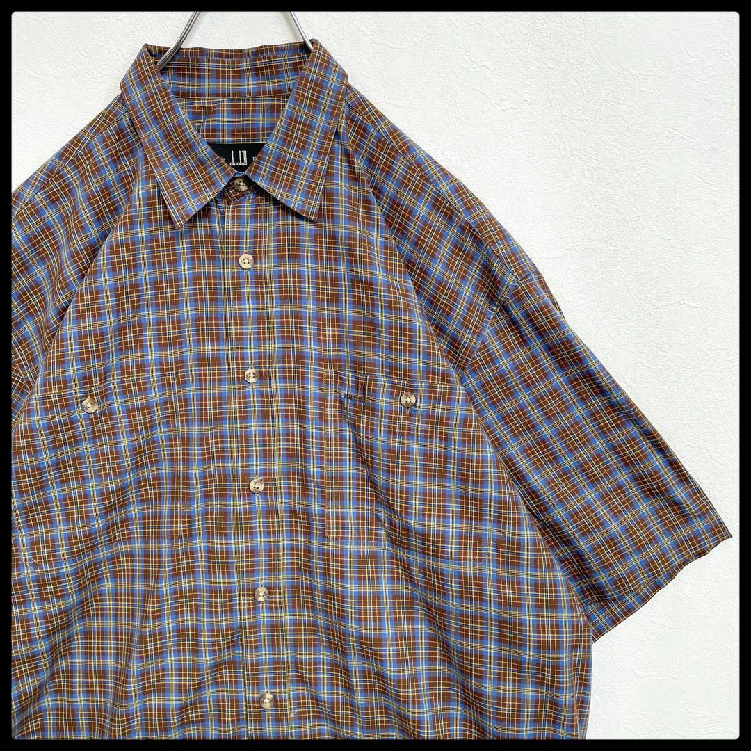 ダンヒル ポケット付き イタリア製 刺繍ロゴ チェック柄 半袖シャツ メンズ Mサイズ Dunhill拍卖