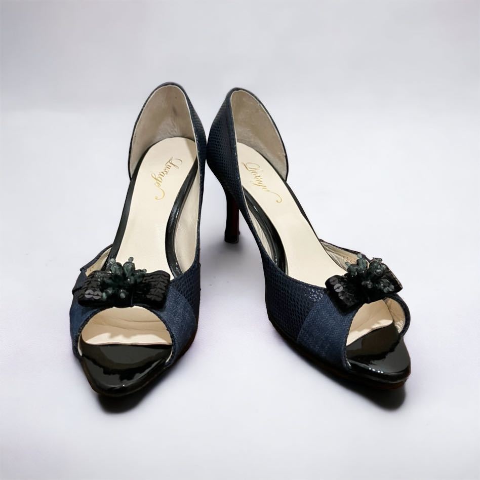 ヒールパンプス Odette e Odile アローズ ルクサージュ Luxage サンダル ビジュー 異素材 ネイビー ブラック黒 レッドソール キラキラ拍卖