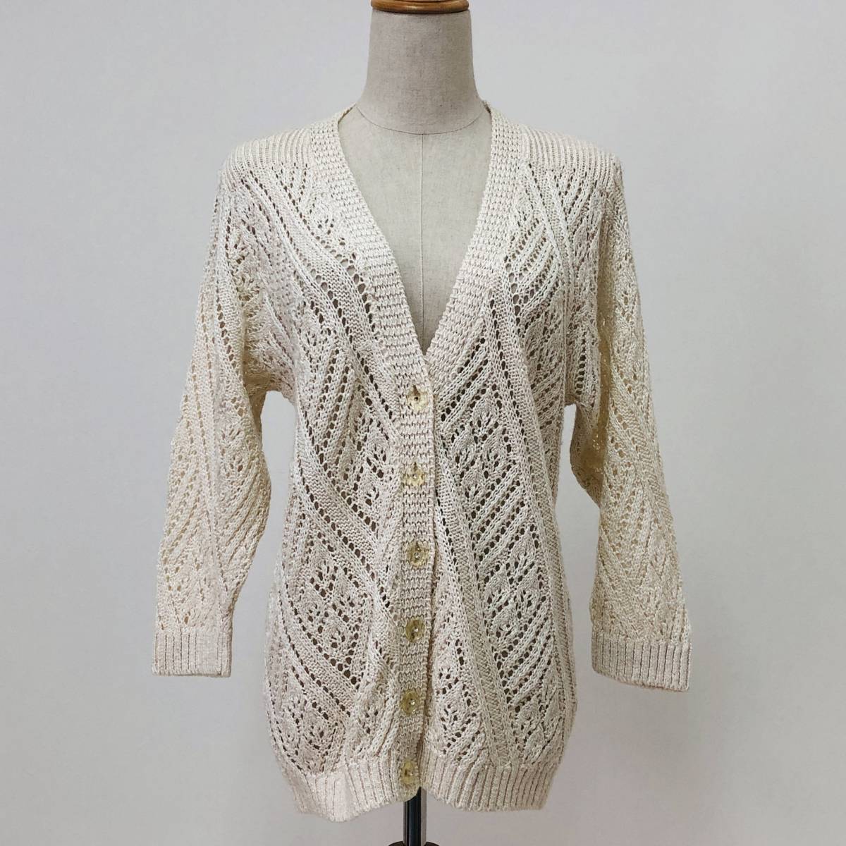 k0020 EXCELLENT ニット カーディガン かぎ針編み風 長袖 肩パット L オフホワイト レディース ナチュラル エレガントガーリーチェック拍卖