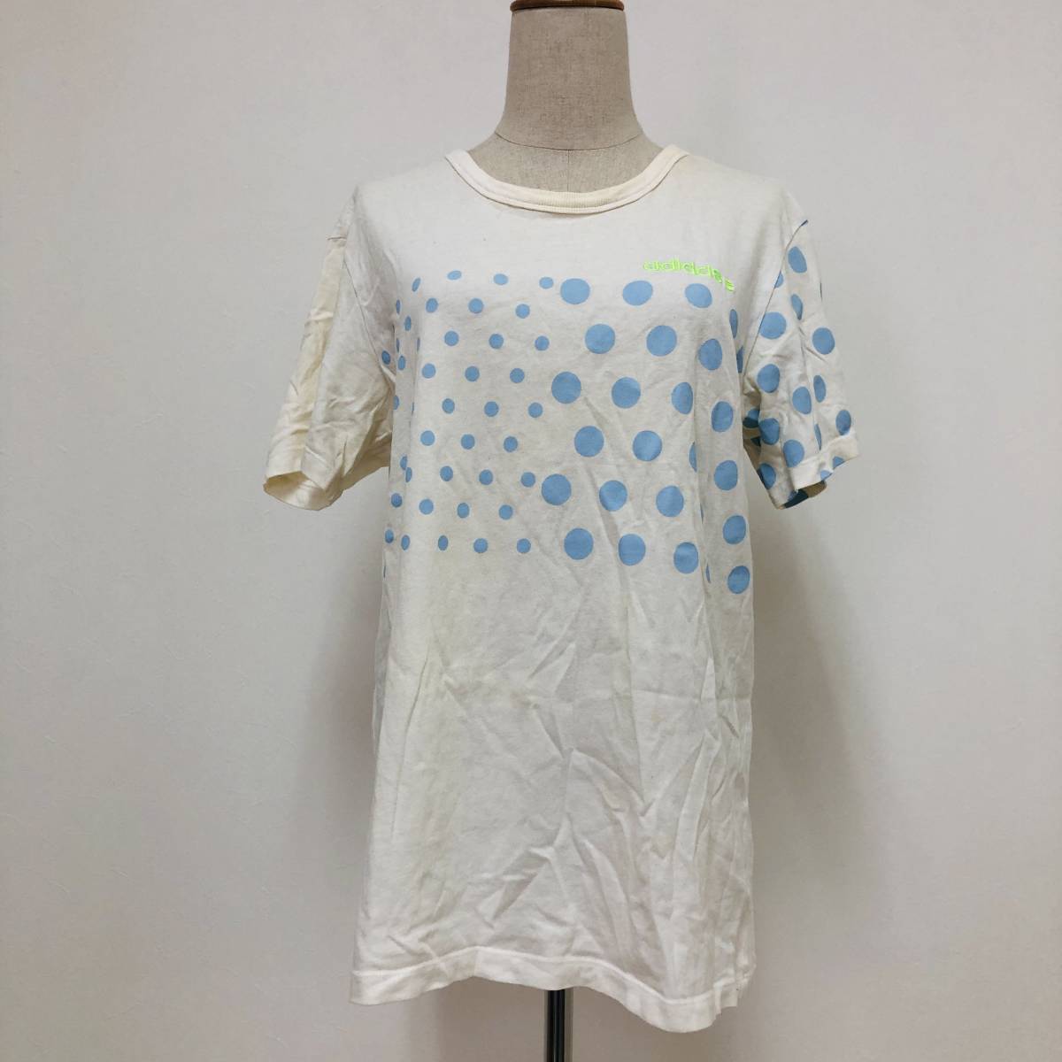 k0040 adidas アディダス Tシャツ 半袖 綿100% 丸首 ロゴ刺しゅう M 白 水玉 ドット レディース カジュアル スポーティーチェックスタイル拍卖