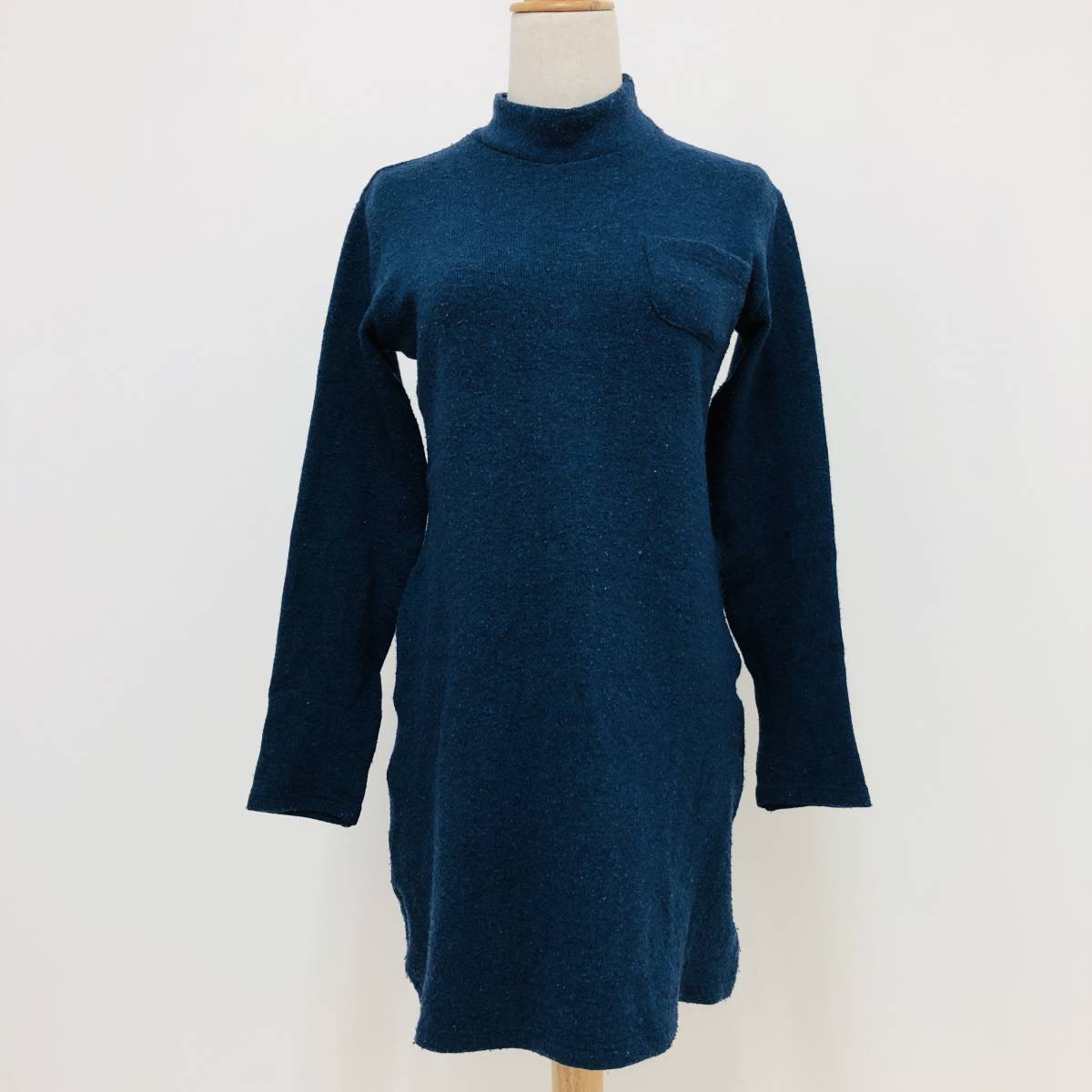 k0330 O.Z.O.C オゾック ニット ロング 長袖 胸ポケット 毛混 ハイネック 日本製 サイズ38 青 レディース シンプルデイリーカジュアル拍卖