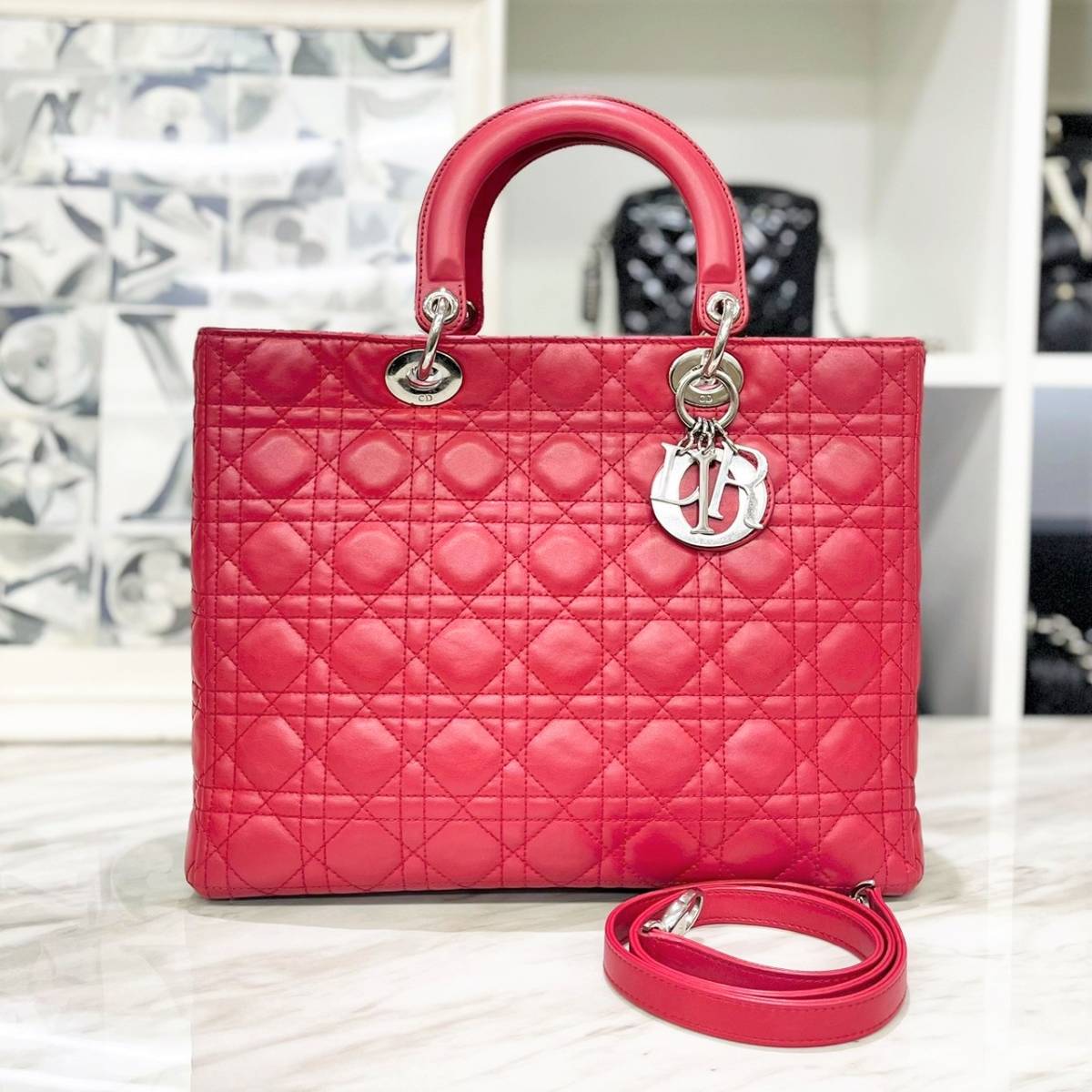 美品☆ レディディオール ラージ ラムスキン 赤 2way ハンドバッグ拍卖