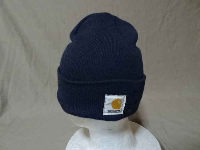激レア USA購入【MADE IN USA】人気ワーク系ブランド カーハート【CARHARTT】製 ロゴマーク付 ニット キャップ ネイビー 中古良品拍卖