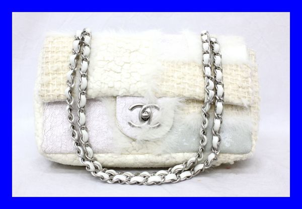 ●激レア 本物 極上品 シャネル CHANEL チェーンショルダーバッグ ハンドバッグ ココ CC ダブルチェーン ファー ボア ツイード 希少Z1750拍卖
