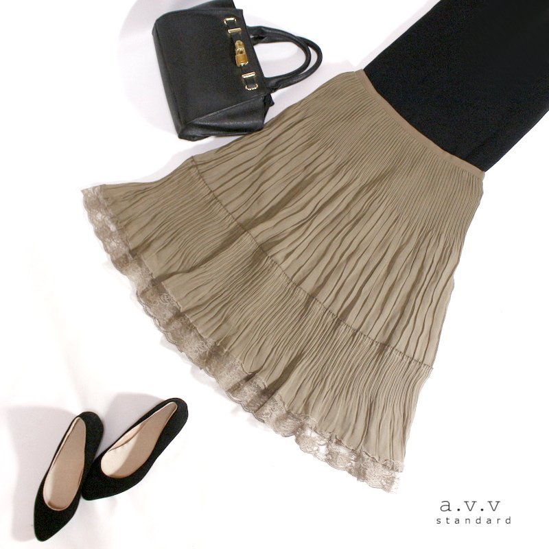 美品 アーヴェヴェスタンダード a.v.v standard ■ 春 夏 シフォン Aライン シワ プリーツスカート フレアスカート 38 9号 グレー ベージュ拍卖