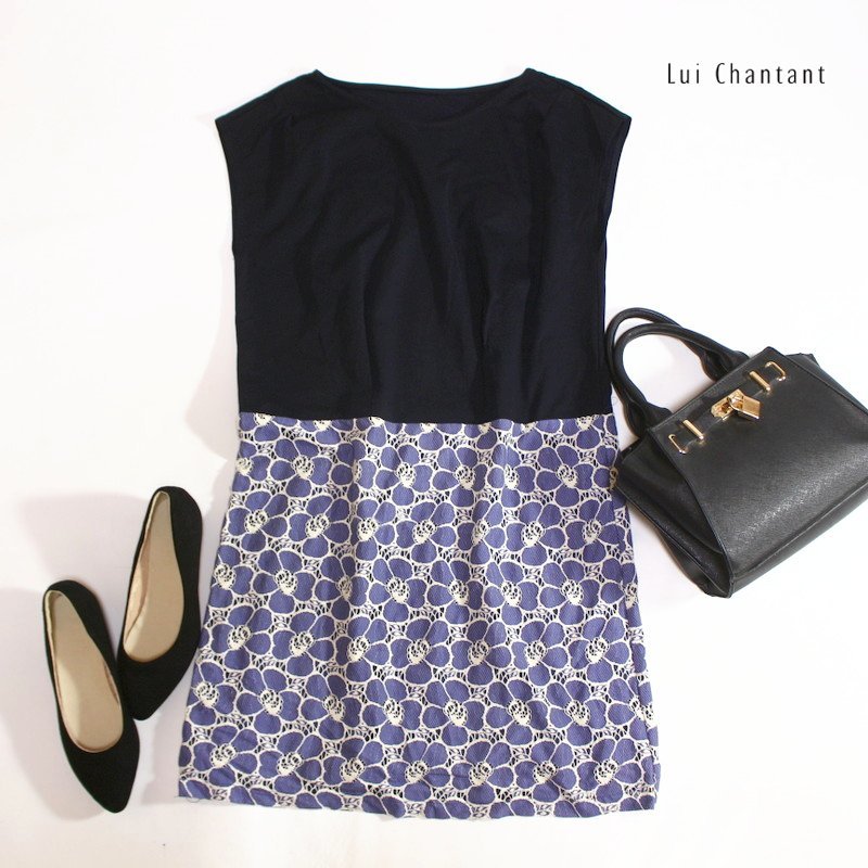 美品 Lui Chantant ルイシャンタン 株) ワールド 春 夏 ミセス フォーマル フラワーレース 切替 ノースリーブ ワンピース M 9号 ネイビー拍卖