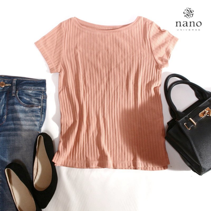 美品 ナノユニバース nano・universe 夏 タイト リブ 半袖カットソー Tシャツ プルオーバー 36 淡い ベージュ拍卖