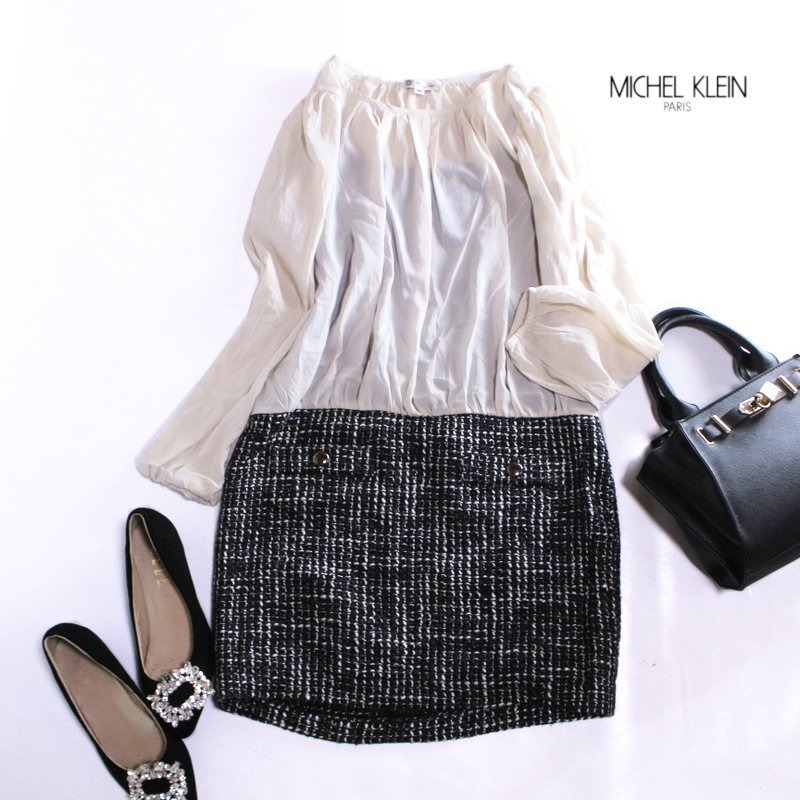 美品 ミッシェルクラン MICHEL KLEIN イトキン(株) 上品 インナー一体 シフォン × ツイードワンピース 38 9号 ブラック 黒 ドッキング拍卖